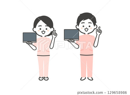 A three-dimensional illustration of a man and woman in Casey pose holding a laptop and pointing their finger 129658986