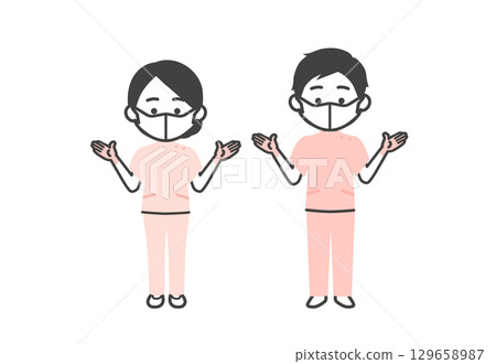 A three-dimensional illustration of a man and woman wearing rubber gloves and a mask 129658987