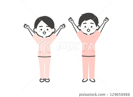 身穿凱西服裝的男子和女子舉起雙拳的三維插圖 129658988