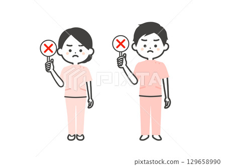 身穿凱西服裝的男子和女子手持錯誤答案卡的三維插圖 129658990