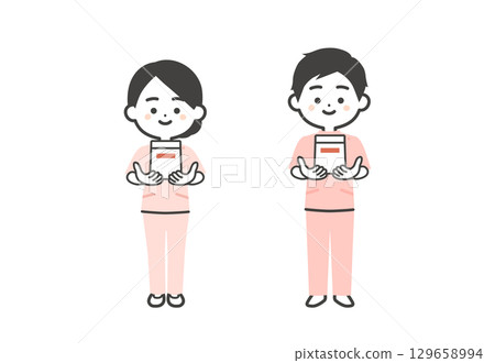 身穿凱西服裝的男子和女子拿著藥袋的立體插圖 129658994