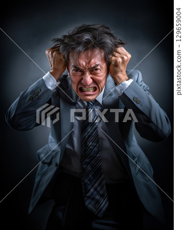 Powerful facial expression of an enraged elderly man - portrait expressing anger, fear and intimidation 129659004