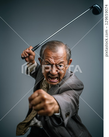 Powerful facial expression of an enraged elderly man - portrait expressing anger, fear and intimidation 129659074