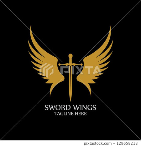 Sword with Wings. Golden Sword Symbol on Black Background. Sword with Wings. Golden Sword Symbol on Black Background. 129659218