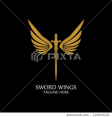 Sword with Wings. Golden Sword Symbol on Black Background. Sword with Wings. Golden Sword Symbol on Black Background. 129659226