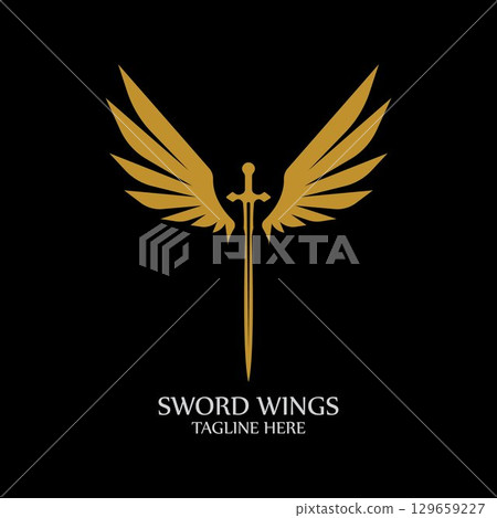 Sword with Wings. Golden Sword Symbol on Black Background. Sword with Wings. Golden Sword Symbol on Black Background. 129659227