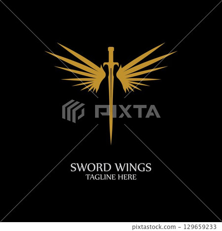 Sword with Wings. Golden Sword Symbol on Black Background. Sword with Wings. Golden Sword Symbol on Black Background. 129659233