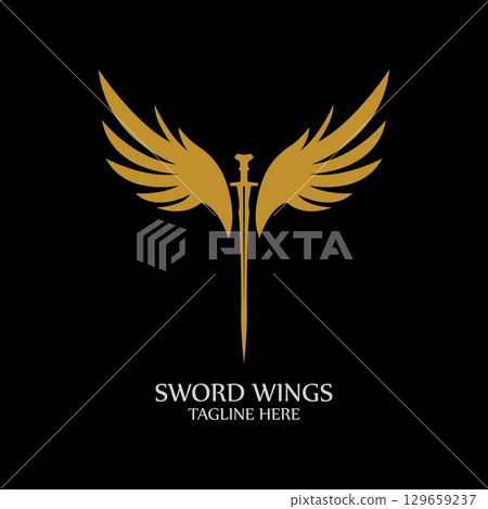 Sword with Wings. Golden Sword Symbol on Black Background. Sword with Wings. Golden Sword Symbol on Black Background. 129659237