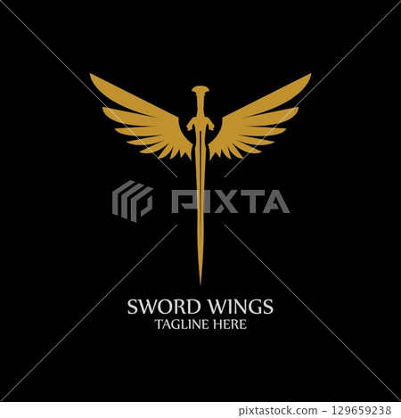 Sword with Wings. Golden Sword Symbol on Black Background. Sword with Wings. Golden Sword Symbol on Black Background. 129659238
