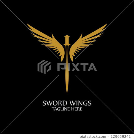 Sword with Wings. Golden Sword Symbol on Black Background. 129659241