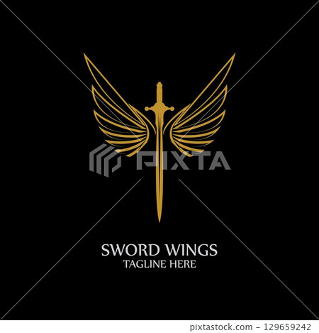 Sword with Wings. Golden Sword Symbol on Black Background. Sword with Wings. Golden Sword Symbol on Black Background. 129659242