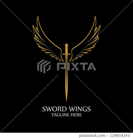 Sword with Wings. Golden Sword Symbol on Black Background. 129659243