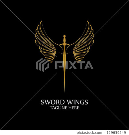 Sword with Wings. Golden Sword Symbol on Black Background. 129659249
