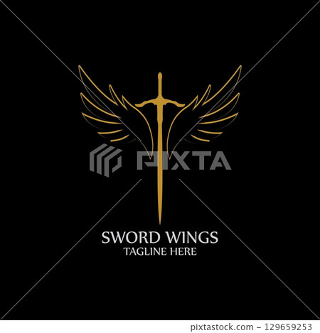 Sword with Wings. Golden Sword Symbol on Black Background. Sword with Wings. Golden Sword Symbol on Black Background. 129659253