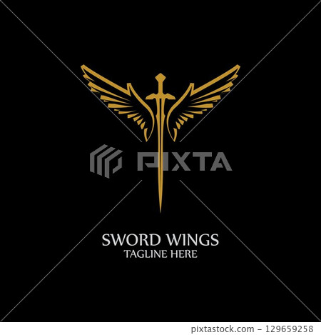 Sword with Wings. Golden Sword Symbol on Black Background. Sword with Wings. Golden Sword Symbol on Black Background. 129659258