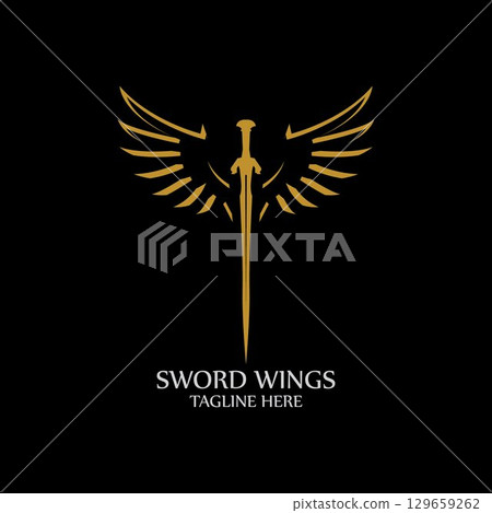 Sword with Wings. Golden Sword Symbol on Black Background. Sword with Wings. Golden Sword Symbol on Black Background. 129659262