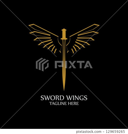 Sword with Wings. Golden Sword Symbol on Black Background. Sword with Wings. Golden Sword Symbol on Black Background. 129659265