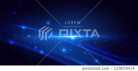 Scence futuristic glowing dot blue neon light ray with speed motion moving on dark blue background. Scence futuristic glowing dot blue neon light ray with speed motion moving on dark blue background. 129659414