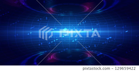 Scene glownig blue table lines with hi tech element lighting effect and sparkle on dark blue background. 129659422