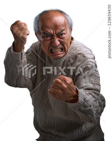一位老人憤怒而有力的表情（透明 PNG）－大喊大叫、指指點點、恐嚇 129659430