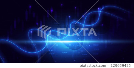Stock market candlesticks glowing light effedct on dark blue background. 129659435