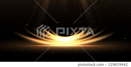 Scene gold glowing curve ray with lighting effect sparkle on black background. Scene gold glowing curve ray with lighting effect sparkle on black background. 129659442