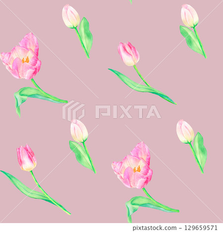Watercolor tulips seamless pattern, spring flowers are hand drawn. Suitable for design, print. 129659571
