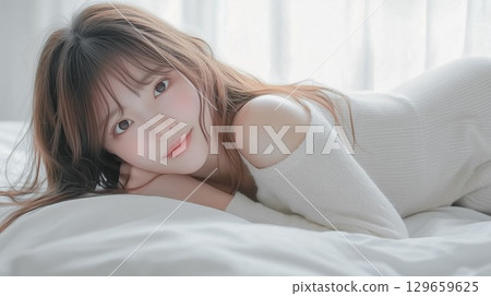 美麗的女人躺在柔和的燈光下的床上 美麗的女人躺在柔和的燈光下的床上 129659625