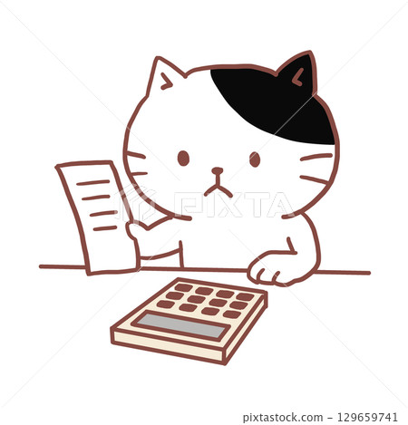 Cow-patterned cat tapping on a calculator 129659741