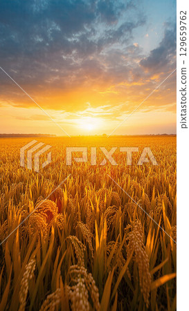 Rice fields at dusk, ripe rice ears, before harvest 129659762