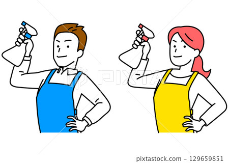 Set of men and women in aprons holding spray detergent Set of men and women in aprons holding spray detergent 129659851