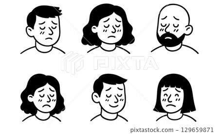 Set of sad people with downcast expressions in hand drawn doodle style Set of sad people with downcast expressions in hand drawn doodle style 129659871
