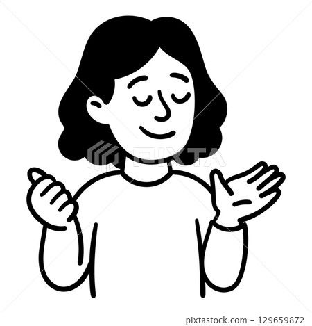 Doodle woman character shrugging with hands raised Doodle woman character shrugging with hands raised 129659872