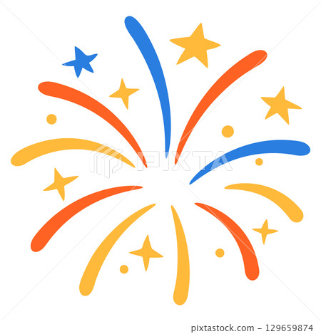 Isolated symmetrical fireworks in red yellow blue flat cartoon style 129659874