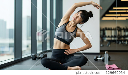 Japanese woman doing stretching exercises at the gym 129660034