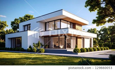 White cube-shaped modern house 129660053
