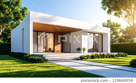 白色立方體形狀的現代房屋 白色立方體形狀的現代房屋 129660054