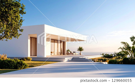 白色立方體形狀的現代房屋 白色立方體形狀的現代房屋 129660055