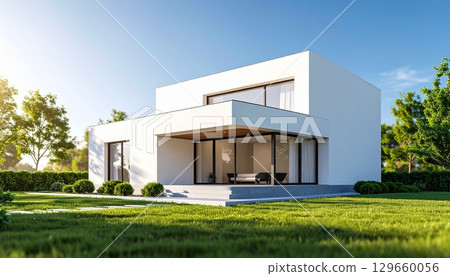 白色立方體形狀的現代房屋 白色立方體形狀的現代房屋 129660056