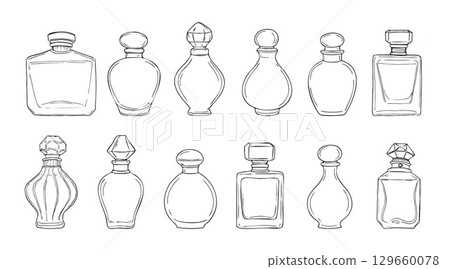 Elegant perfume bottle sketches in vintage style with clean black lines. Great for branding, packaging, cosmetic ads, or feminine product layouts Elegant perfume bottle sketches in vintage style with clean black lines. Great for branding, packaging, cosmetic ads, or feminine product layouts 129660078
