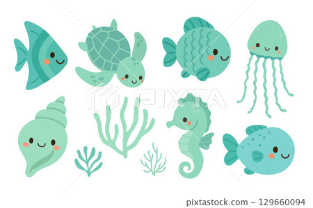 Playful green underwater animals including turtle, fish, jellyfish, and seahorse with smiling faces. Great for kids books, games, or marine education. 129660094