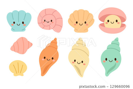 Cute illustrated sea shells with happy faces in soft colors, great for children designs, beach themes, and kawaii-style shell graphics 129660096