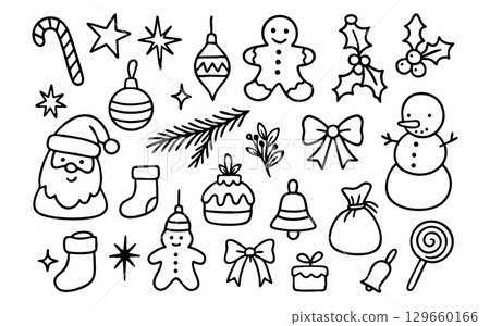 Xmas icons featuring Santa, snowman and holly mix with gingerbread, candy and bell doodles. This festive sketch set fits holiday, winter or celebration projects. Great for kids or seasonal crafts 129660166
