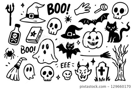 Halloween ghost and skull drawings pair with pumpkin, bat and witch elements in this spooky set. Use broom, haunted trees or line art graphics for creepy or eerie decor. Designed for fun, frightful Halloween ghost and skull drawings pair with pumpkin, bat and witch elements in this spooky set. Use broom, haunted trees or line art graphics for creepy or eerie decor. Designed for fun, frightful 129660170