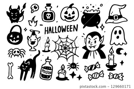 Halloween doodle include vampire, pumpkin and ghost with spider, cat and bat illustrations. Poison bottles or hats add creepy fun for spooky or costume designs. Ideal for party invites web element Halloween doodle include vampire, pumpkin and ghost with spider, cat and bat illustrations. Poison bottles or hats add creepy fun for spooky or costume designs. Ideal for party invites web element 129660171