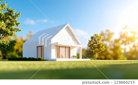 一棟白色的平房和一座沐浴在晨曦中的草坪花園 一棟白色的平房和一座沐浴在晨曦中的草坪花園 129660255