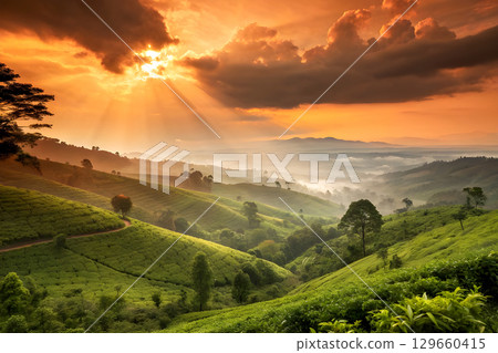 rice fields on terraced in morning 129660415