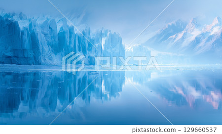 佩里托莫雷諾冰川倒映在平靜的水面上 佩里托莫雷諾冰川倒映在平靜的水面上 129660537