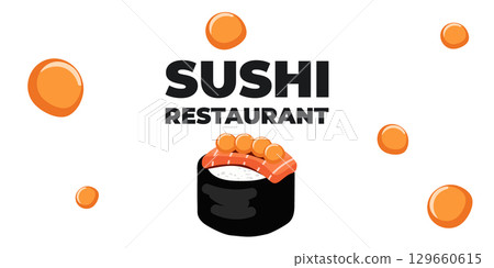 Vector illustrated advertising web and desktop banner with Japanese cuisine, traditional Asian food including sushi and rolls, perfect for Asian restaurant branding, menu design, and promotional Vector illustrated advertising web and desktop banner with Japanese cuisine, traditional Asian food including sushi and rolls, perfect for Asian restaurant branding, menu design, and promotional 129660615