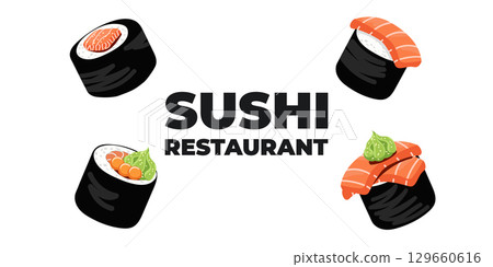 Vector illustrated advertising web and desktop banner with Japanese cuisine, traditional Asian food including sushi and rolls, perfect for Asian restaurant branding, menu design, and promotional 129660616
